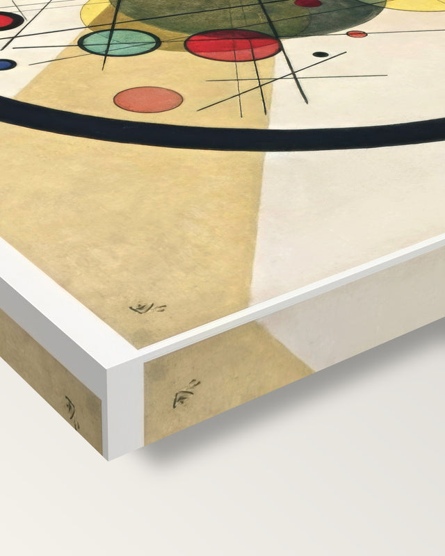 Circles in a Circle by Wassily Kandinsky on stretched canvas, corner close-up: the painting mirror-wrapped round the sides