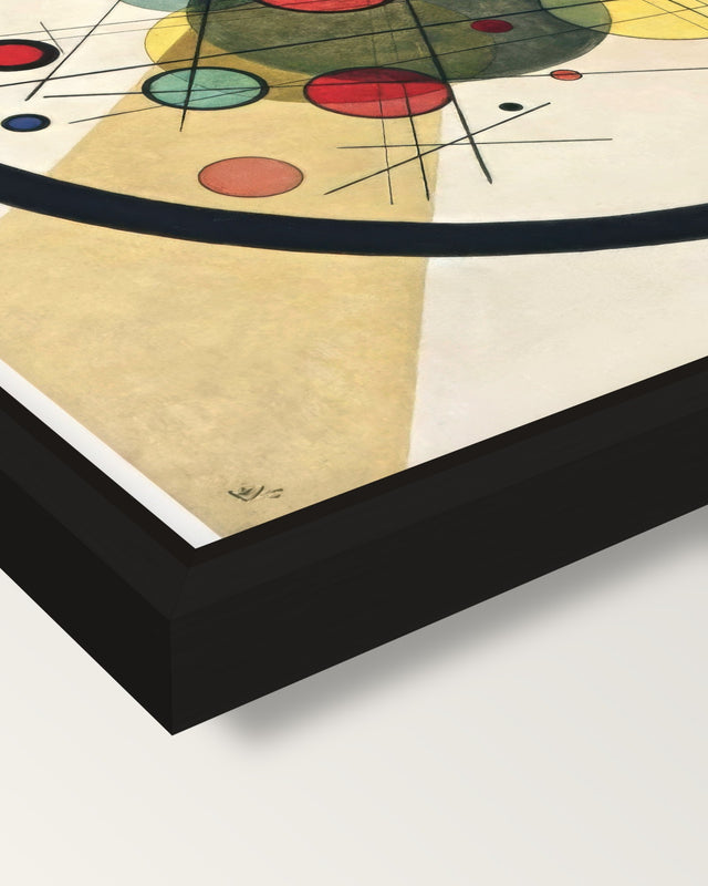 Circles in a Circle by Kandinsky framed canvas, corner close-up: a black floating frame with a shadow gap round the canvas