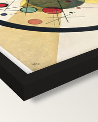 Circles in a Circle by Kandinsky framed print, corner close-up: black moulding, mitred, the print set just below its edge