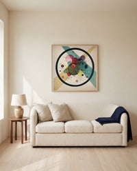 Circles in a Circle by Wassily Kandinsky framed in natural oak above a cream sofa in a warm living room