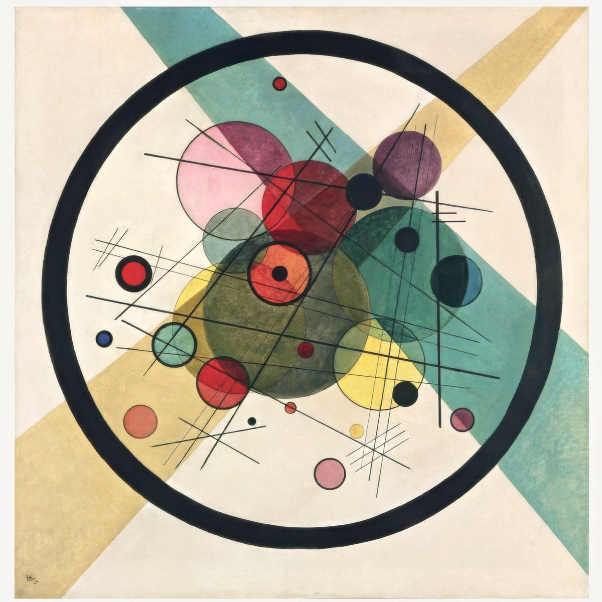 Circles in a Circle by Wassily Kandinsky: a thick black ring holding small coloured circles, crossing lines and pale bands