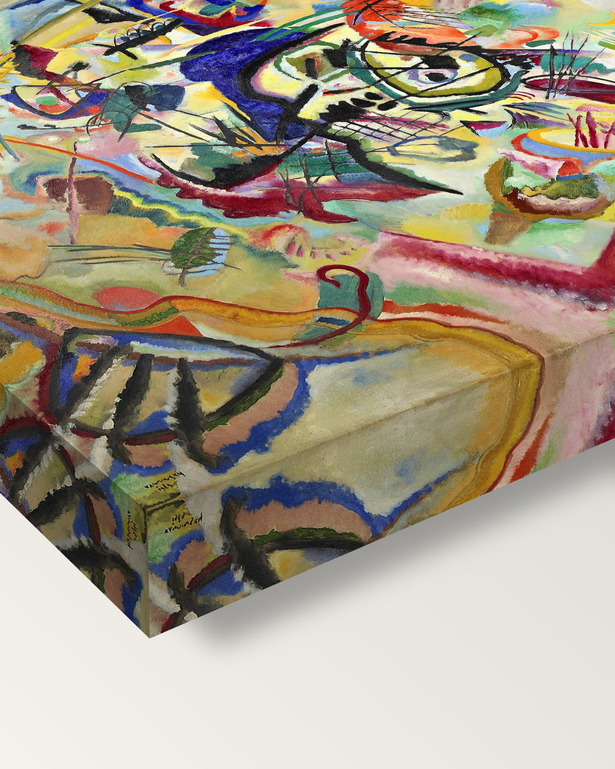 Composition VII by Wassily Kandinsky on stretched canvas, corner close-up: the painting mirror-wrapped round the sides