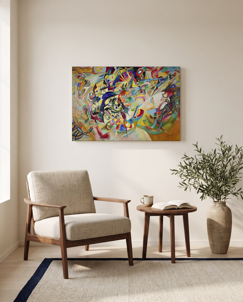 Composition VII by Wassily Kandinsky as a stretched canvas above a linen lounge chair in a reading corner