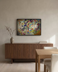 Composition VII by Wassily Kandinsky in a black frame above a walnut sideboard in a dining room