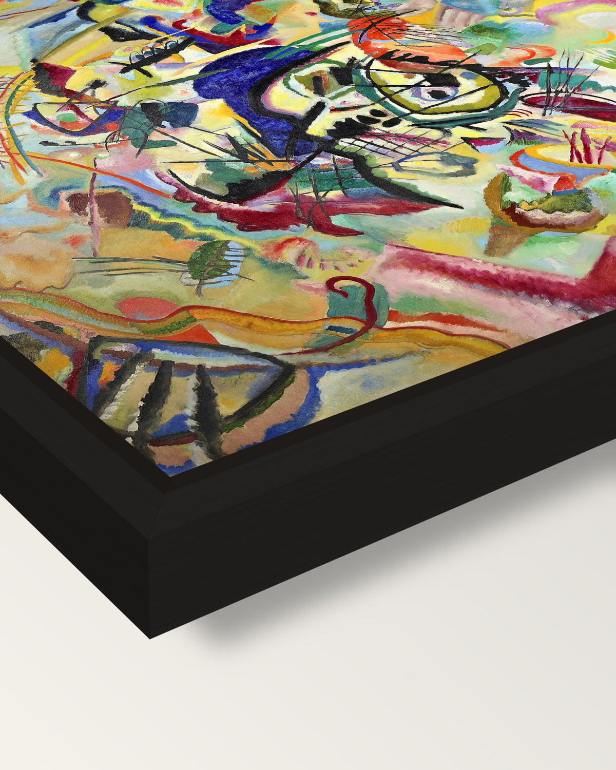 Composition VII by Kandinsky framed canvas, corner close-up: a black floating frame with a shadow gap round the canvas