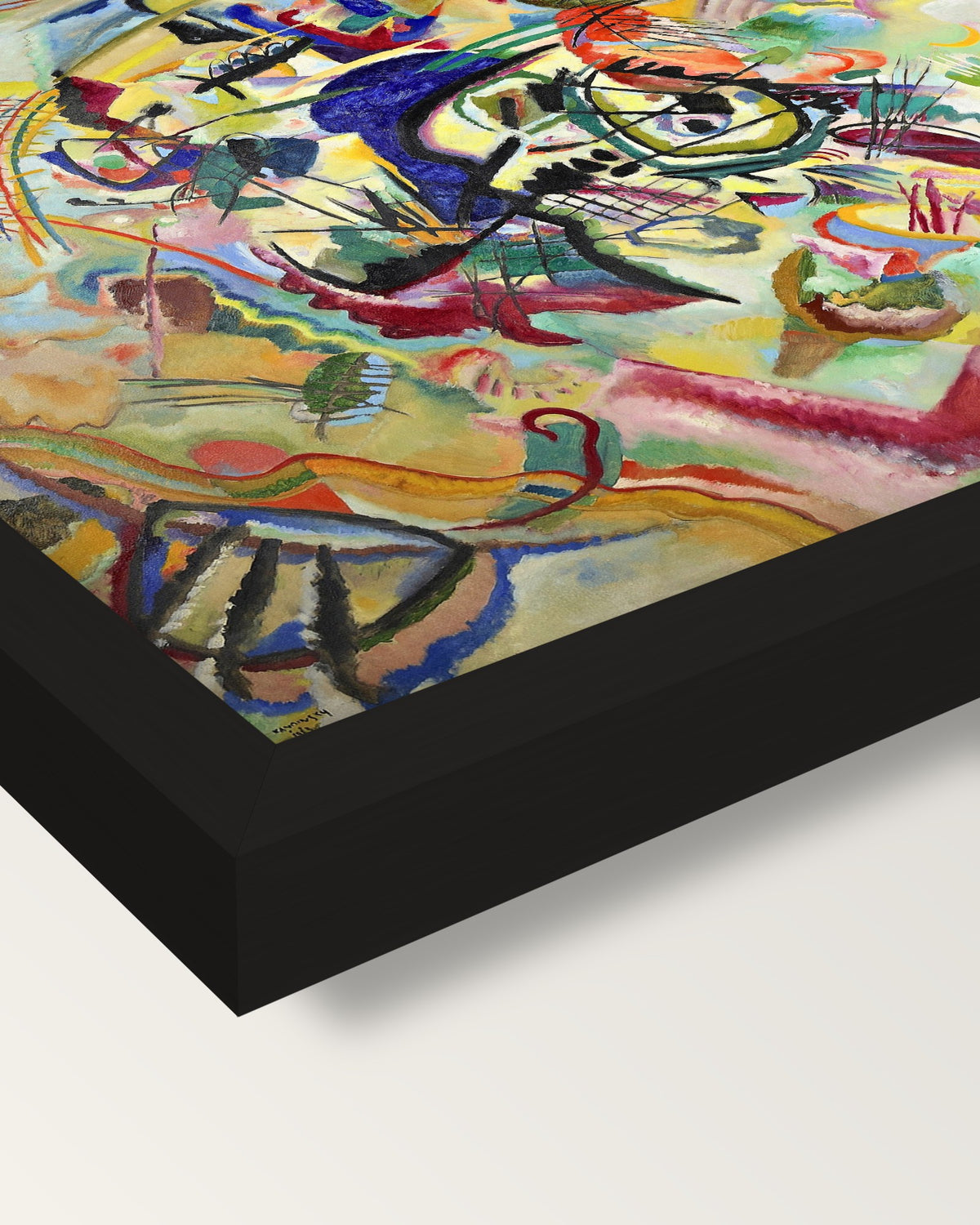 Composition VII by Wassily Kandinsky framed print, corner close-up: black moulding, mitred, the print set just below its edge