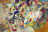 Composition VII by Wassily Kandinsky: an explosion of swirling colour, black lines and bright patches with no objects