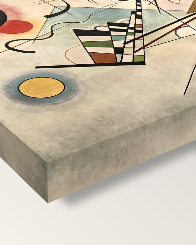 Composition VIII by Wassily Kandinsky on stretched canvas, corner close-up: the painting mirror-wrapped round the sides