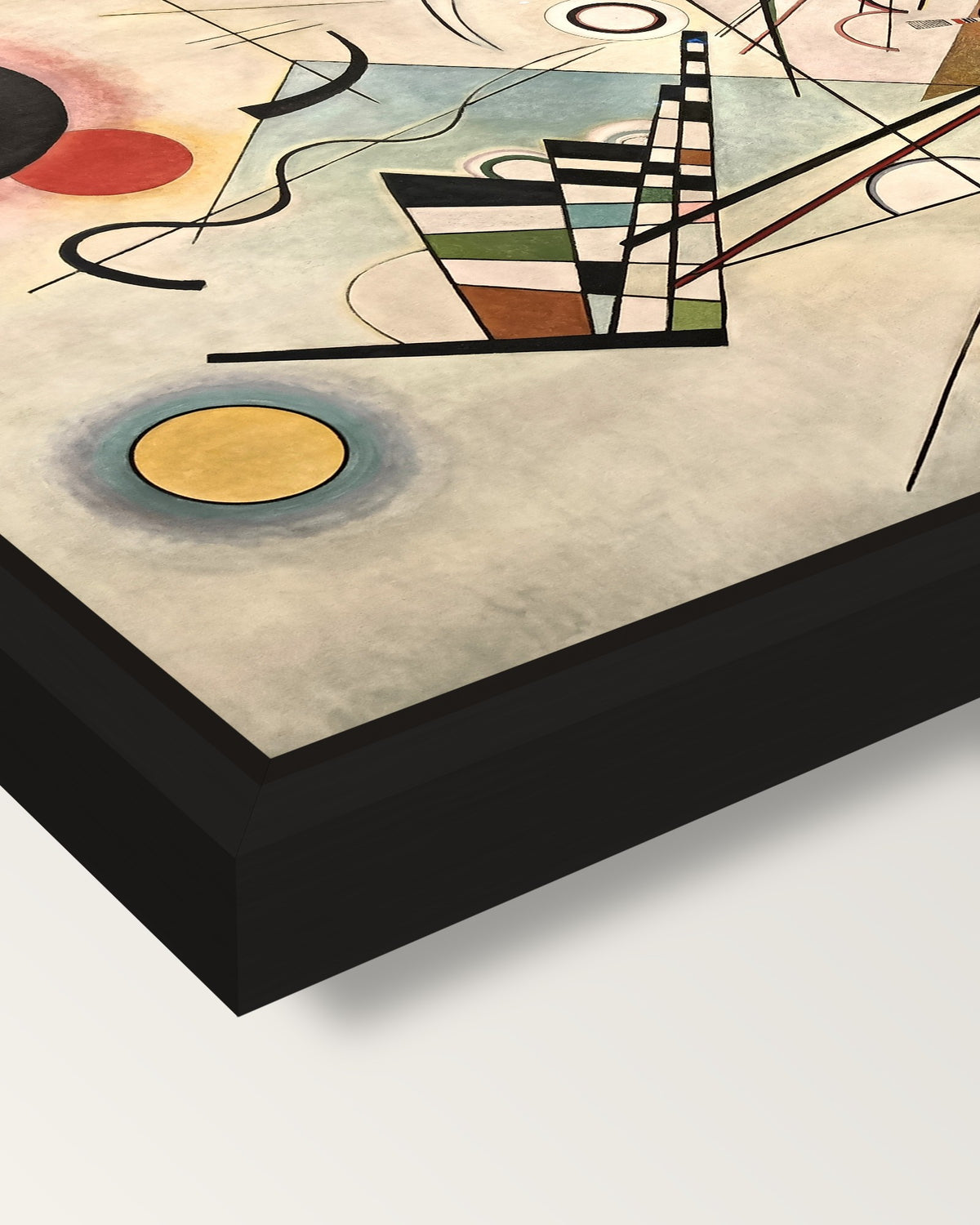 Composition VIII by Kandinsky framed canvas, corner close-up: a black floating frame with a shadow gap round the canvas
