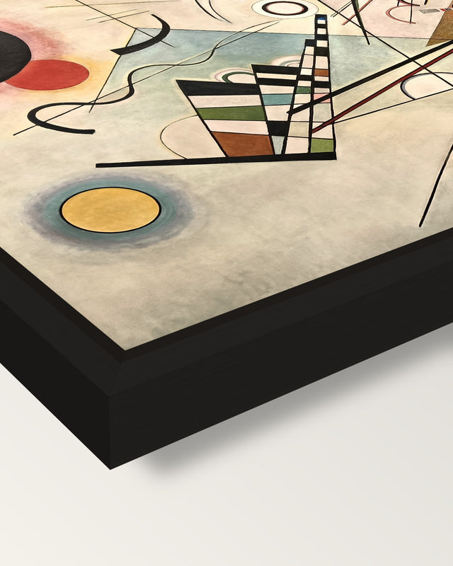 Composition VIII by Kandinsky framed canvas, corner close-up: a black floating frame with a shadow gap round the canvas