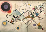 Composition VIII by Wassily Kandinsky: black and coloured circles, triangles, checkerboards and fine lines on a pale ground
