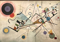 Composition VIII by Wassily Kandinsky: black and coloured circles, triangles, checkerboards and fine lines on a pale ground