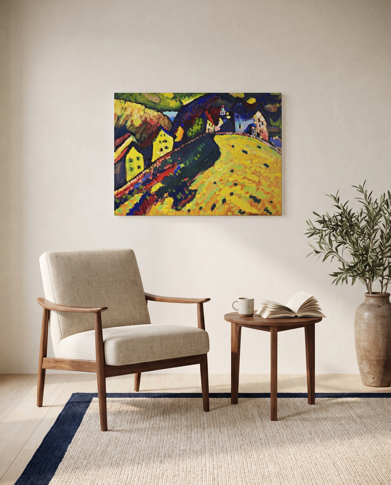 Houses at Murnau by Wassily Kandinsky as a stretched canvas above a linen lounge chair in a reading corner