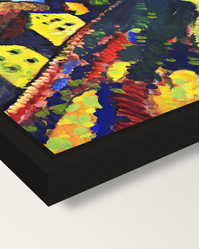 Houses at Murnau by Kandinsky framed canvas, corner close-up: a black floating frame with a shadow gap round the canvas