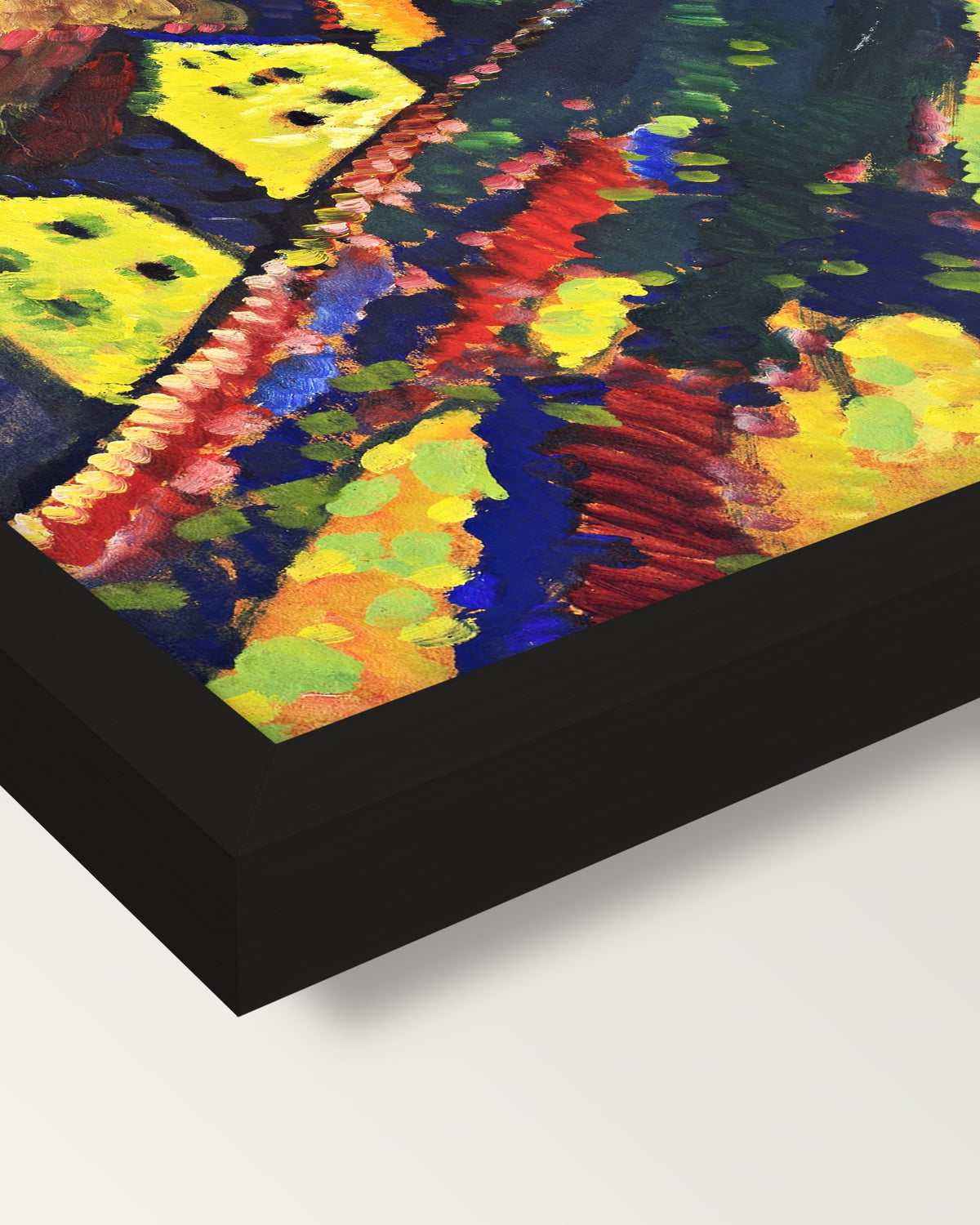 Houses at Murnau by Kandinsky framed print, corner close-up: black moulding, mitred, the print set just below its edge