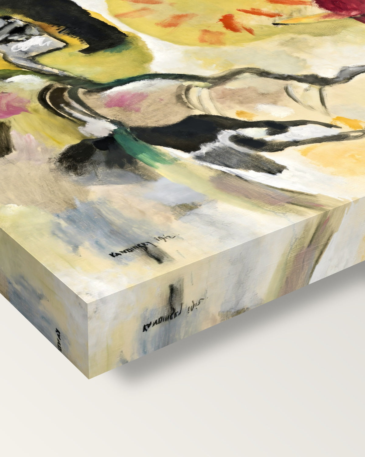 Improvisation 27 by Wassily Kandinsky on stretched canvas, corner close-up: the painting mirror-wrapped round the sides