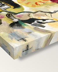 Improvisation 27 by Wassily Kandinsky on stretched canvas, corner close-up: the painting mirror-wrapped round the sides