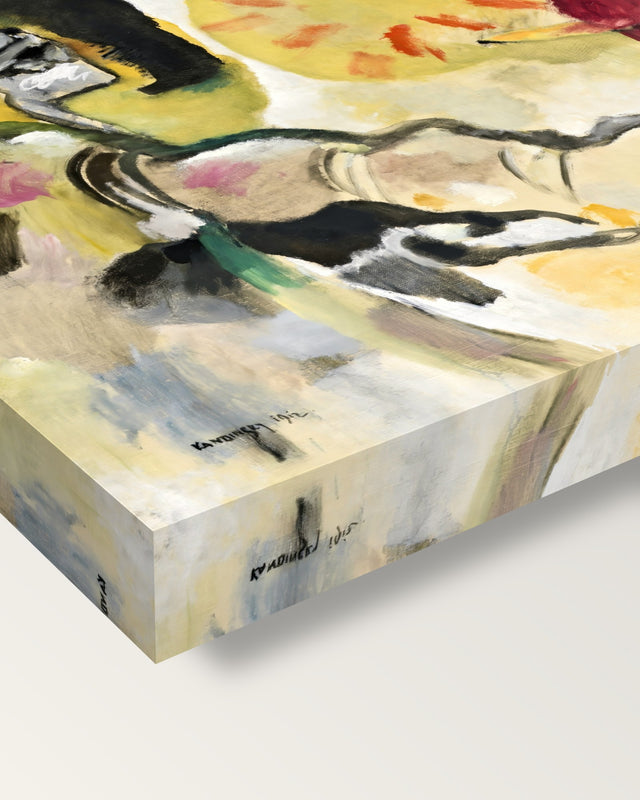 Improvisation 27 by Wassily Kandinsky on stretched canvas, corner close-up: the painting mirror-wrapped round the sides