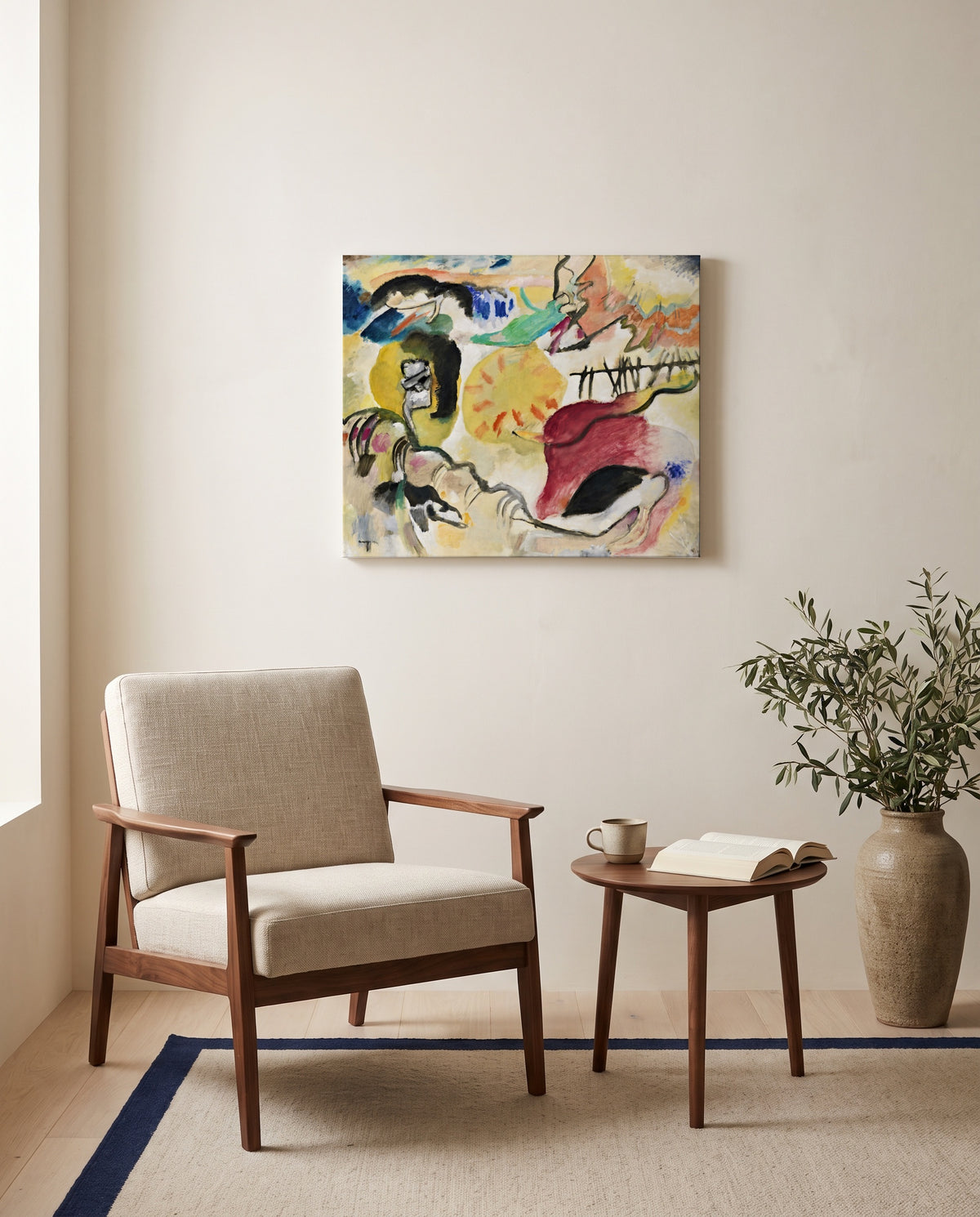 Improvisation 27 by Wassily Kandinsky as a stretched canvas above a linen lounge chair in a reading corner