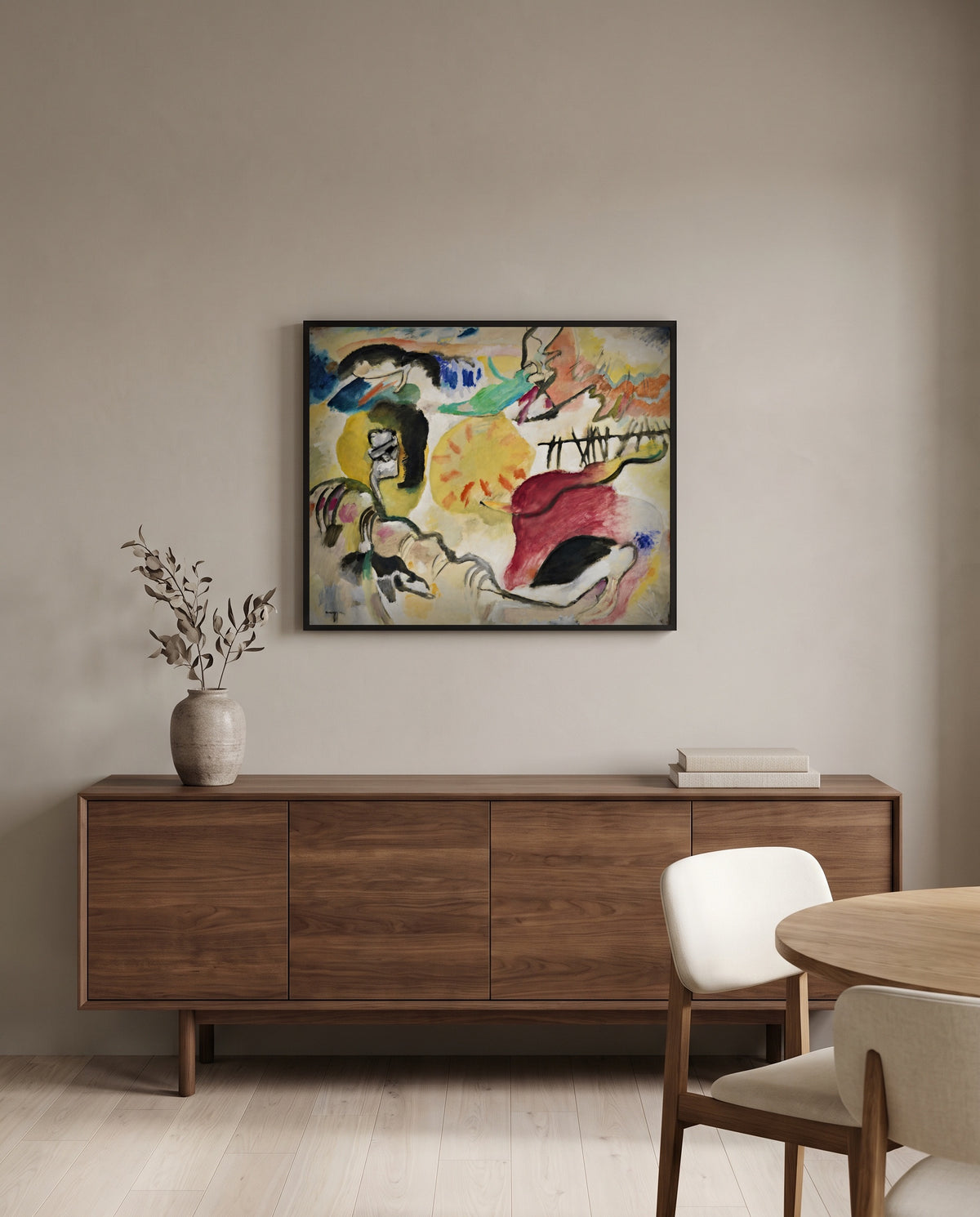 Improvisation 27 by Wassily Kandinsky in a black frame above a walnut sideboard in a dining room
