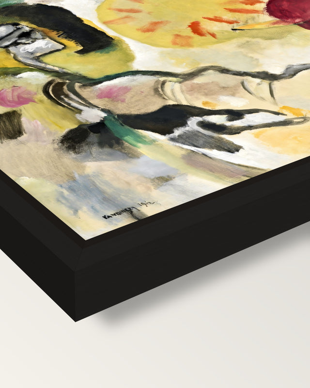 Improvisation 27 by Kandinsky framed canvas, corner close-up: a black floating frame with a shadow gap round the canvas