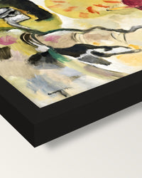 Improvisation 27 by Kandinsky framed print, corner close-up: black moulding, mitred, the print set just below its edge