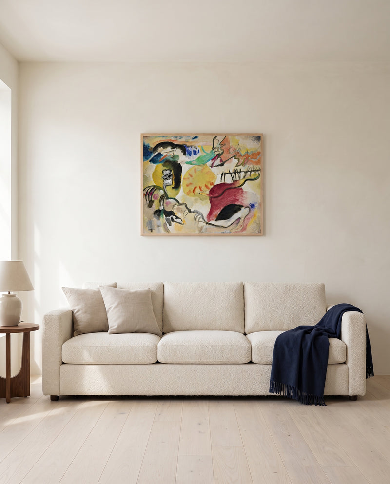 Improvisation 27 by Wassily Kandinsky framed in natural oak above a cream sofa in a warm living room