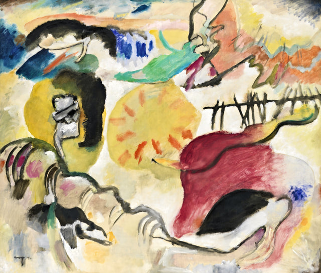 Improvisation 27 by Wassily Kandinsky: loose patches of red, yellow and green with black lines on a pale ground