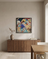 Improvisation No. 30 (Cannons) by Wassily Kandinsky in a black frame above a walnut sideboard in a dining room