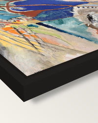 Improvisation No. 30 (Cannons) framed canvas, corner close-up: a black floating frame with a shadow gap round the canvas