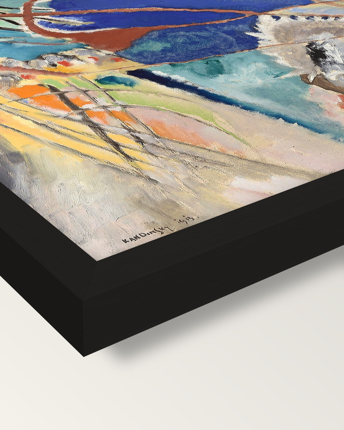 Improvisation No. 30 (Cannons) framed print, corner close-up: black moulding, mitred, the print set just below its edge