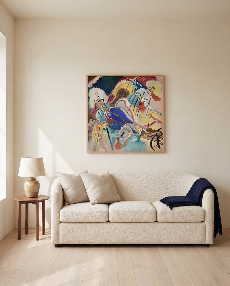Improvisation No. 30 (Cannons) by Wassily Kandinsky framed in natural oak above a cream sofa in a warm living room