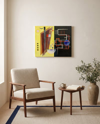 Inner Alliance by Wassily Kandinsky as a stretched canvas above a linen lounge chair in a reading corner