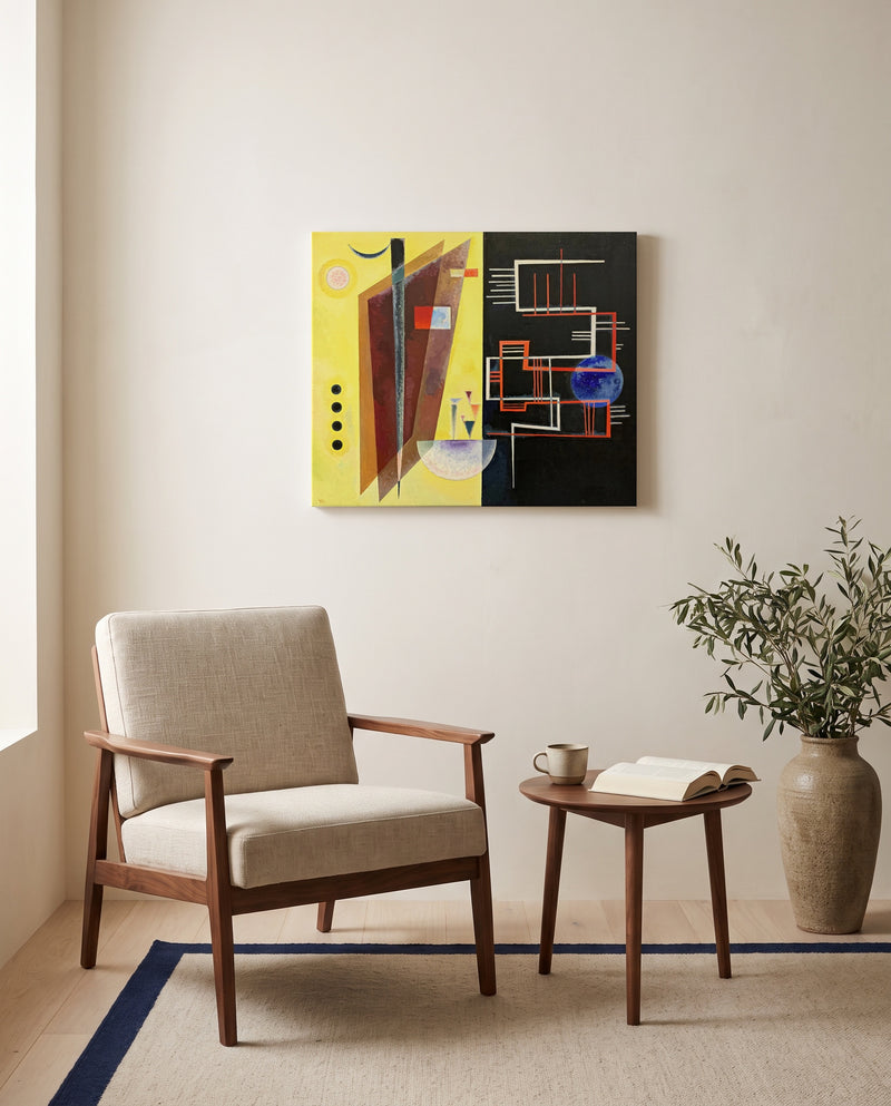 Inner Alliance by Wassily Kandinsky as a stretched canvas above a linen lounge chair in a reading corner