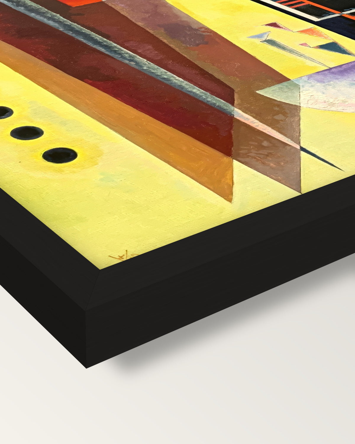 Inner Alliance by Wassily Kandinsky framed print, corner close-up: black moulding, mitred, the print set just below its edge