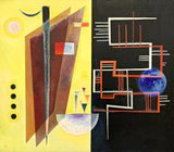 Inner Alliance by Wassily Kandinsky: a yellow half and a black half crossed by red lines, dark planes and small circles