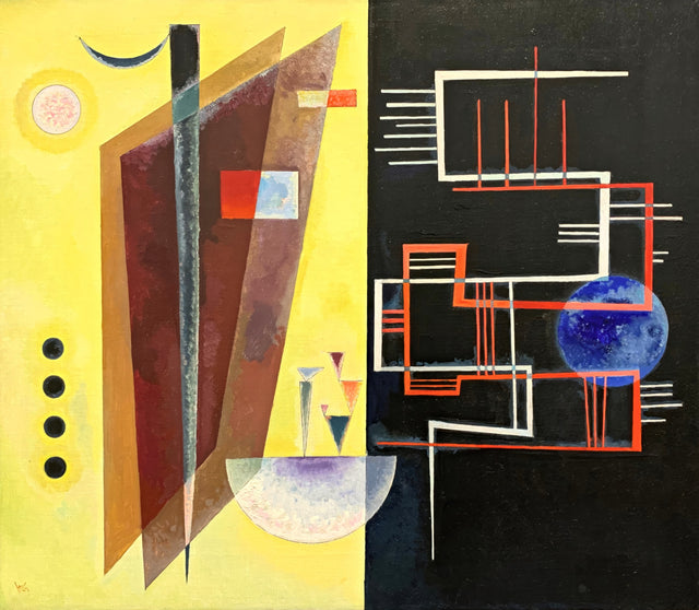 Inner Alliance by Wassily Kandinsky: a yellow half and a black half crossed by red lines, dark planes and small circles