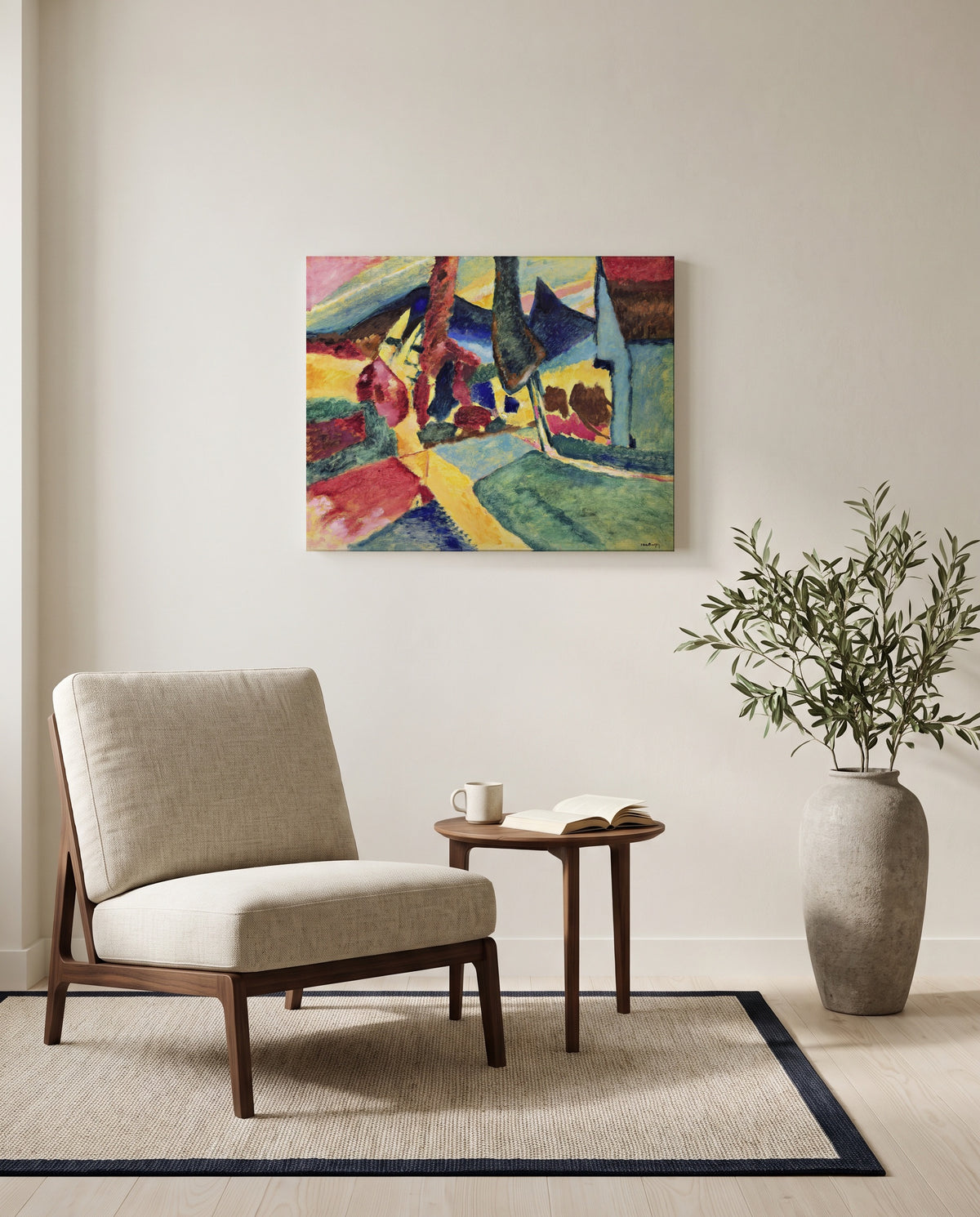 Landscape with Two Poplars by Wassily Kandinsky as a stretched canvas above a linen lounge chair in a reading corner