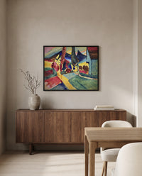 Landscape with Two Poplars by Wassily Kandinsky in a black frame above a walnut sideboard in a dining room