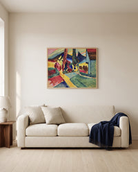 Landscape with Two Poplars by Wassily Kandinsky framed in natural oak above a cream sofa in a warm living room