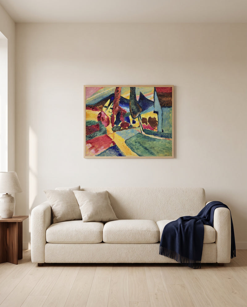 Landscape with Two Poplars by Wassily Kandinsky framed in natural oak above a cream sofa in a warm living room