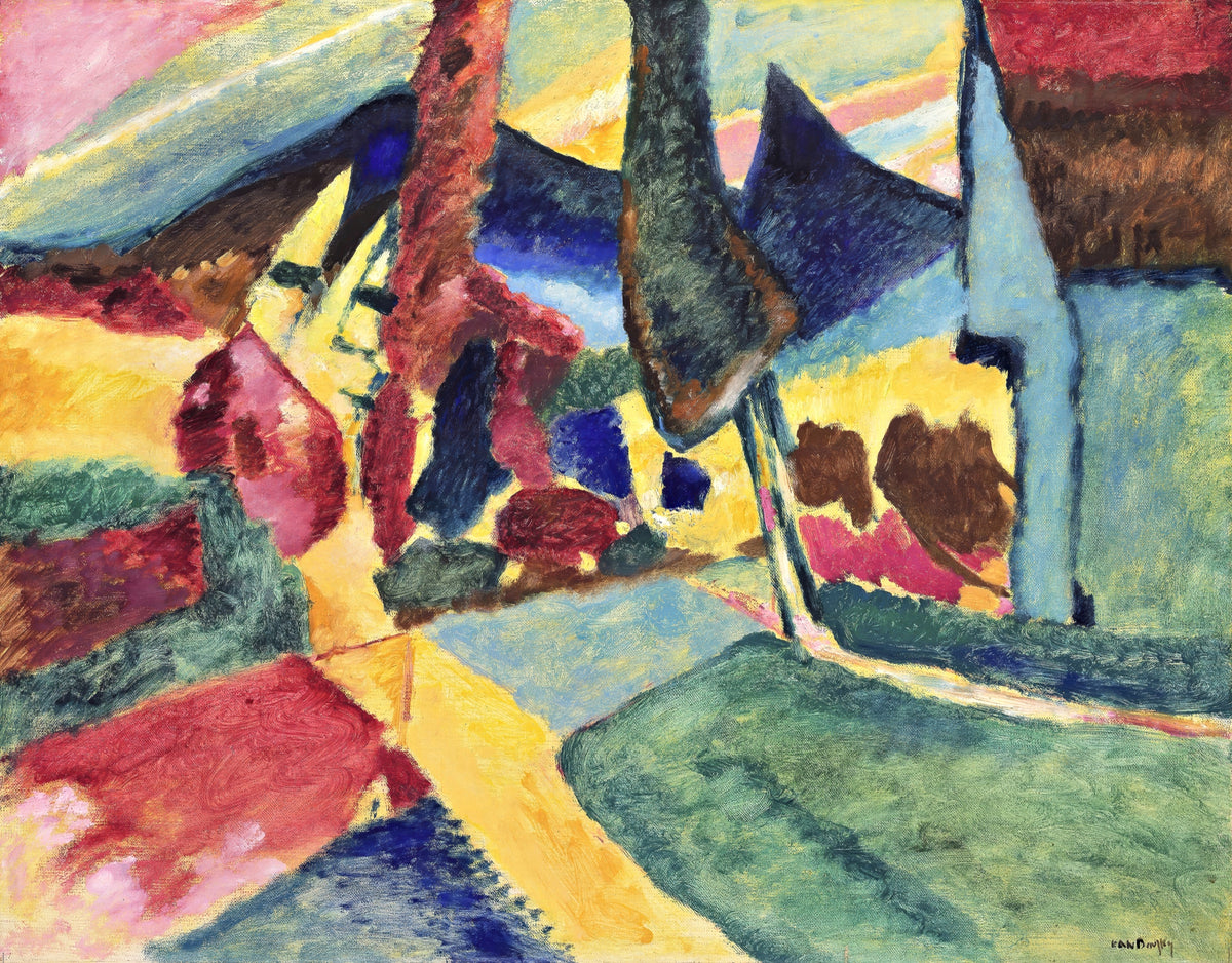 Landscape with Two Poplars by Wassily Kandinsky: two tall trees, red and green fields and blue hills in bold planes of colour