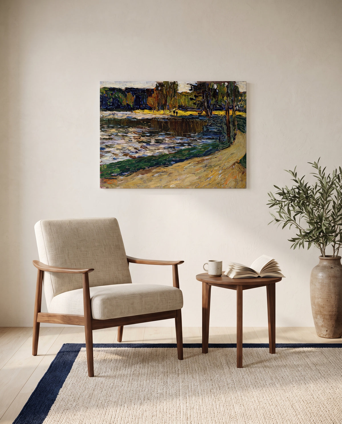 Munich – English Garden by Wassily Kandinsky as a stretched canvas above a linen lounge chair in a reading corner
