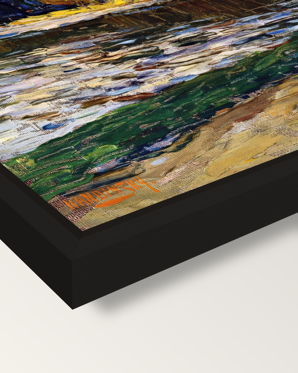 Munich – English Garden framed canvas, corner close-up: a black floating frame with a shadow gap round the canvas