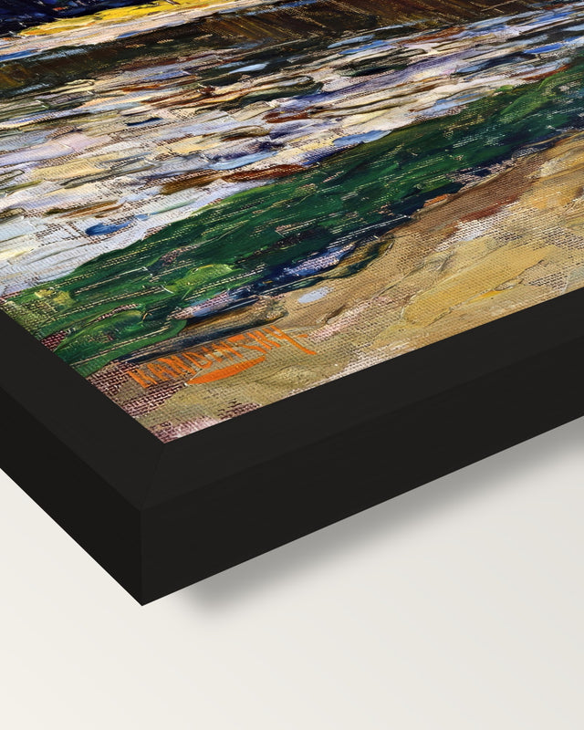 Munich – English Garden by Kandinsky framed print, corner close-up: black moulding, mitred, the print set just below its edge