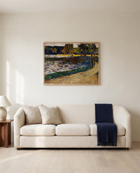Munich – English Garden by Wassily Kandinsky framed in natural oak above a cream sofa in a warm living room