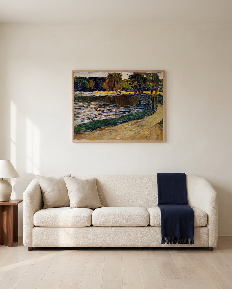 Munich – English Garden by Wassily Kandinsky framed in natural oak above a cream sofa in a warm living room