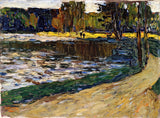 Munich, English Garden by Wassily Kandinsky: a glittering stream between dark trees and a sandy path, in thick strokes