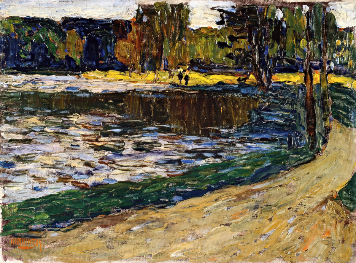 Munich, English Garden by Wassily Kandinsky: a glittering stream between dark trees and a sandy path, in thick strokes