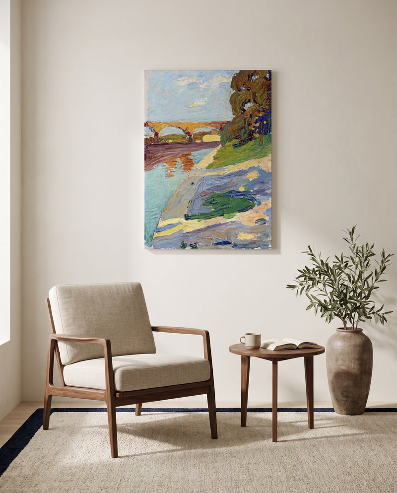 Munich – The Isar by Wassily Kandinsky as a stretched canvas above a linen lounge chair in a reading corner